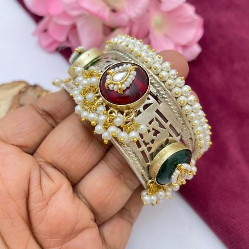 Gold & Silver Brass Kada Bracelet with Pearls, Stones & Bells