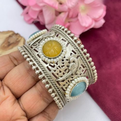 Silver Brass Kada Bracelet for Women with Parrot Motif & Stone Accents