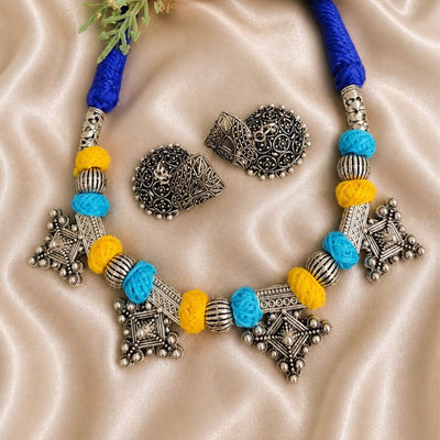 Blue Yellow Oxidised Silver Tribal Necklace Set