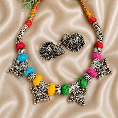 Multicolor Oxidised Silver Tribal Choker Necklace Set