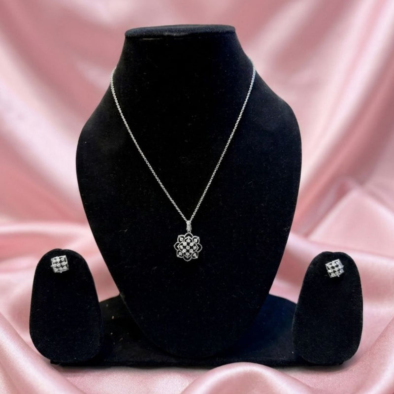 Silver Rhodium CZ American Diamond Floral Pendant Set