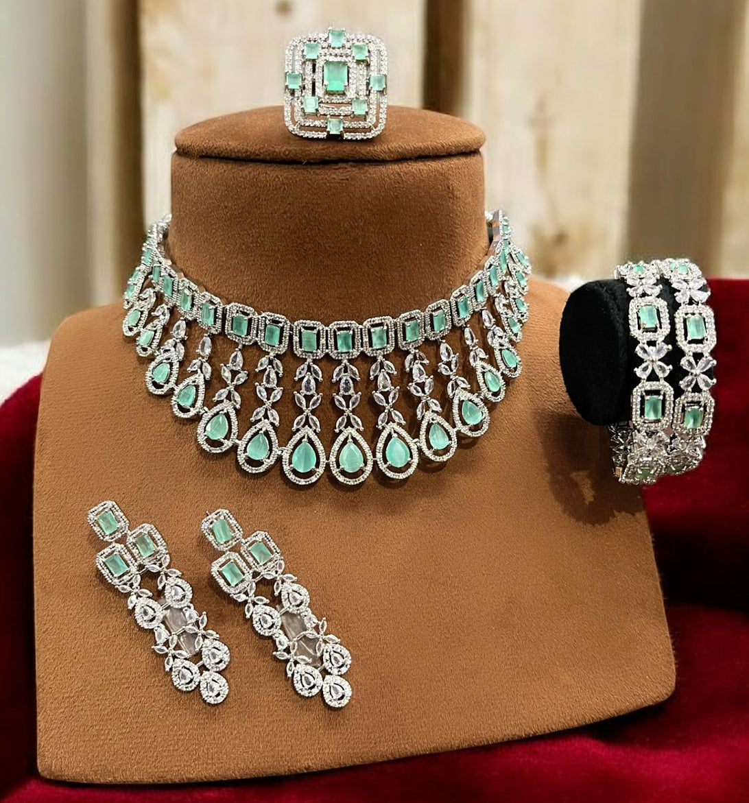 Silver Light Green American Diamond Choker Set with Bangles & Ring