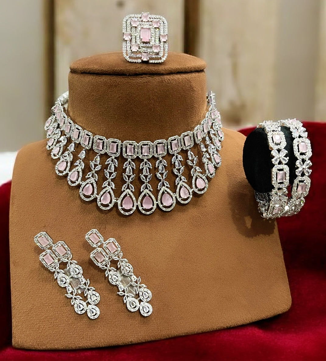 Silver Pink American Diamond Choker Set with Bangles & Ring