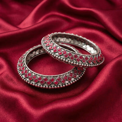 Red Oxidised Stone Antique Bangles Set for Women