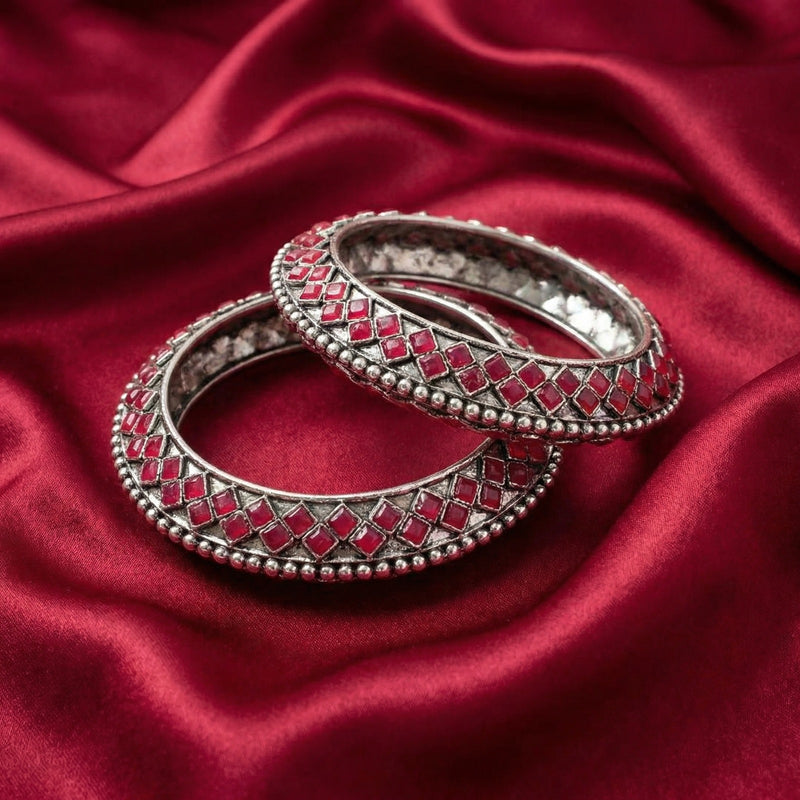 Red Oxidised Stone Antique Bangles Set for Women