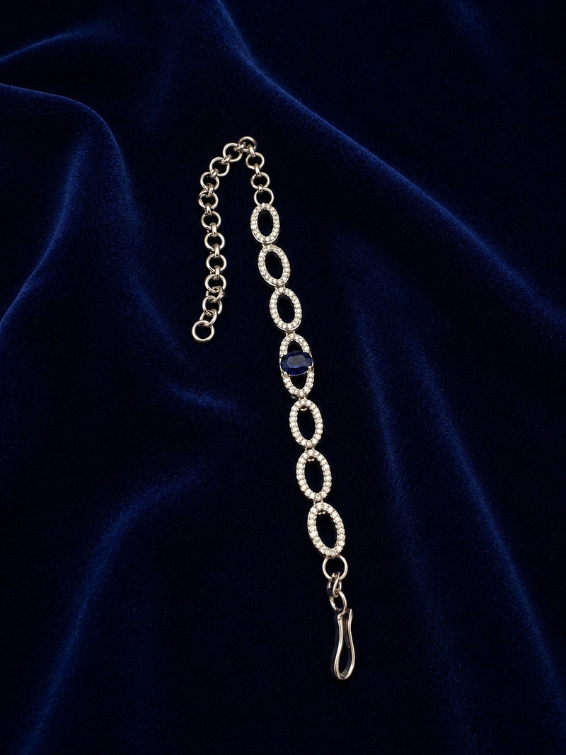 Silver-Toned American Diamond Blue Stone Bracelet for Women