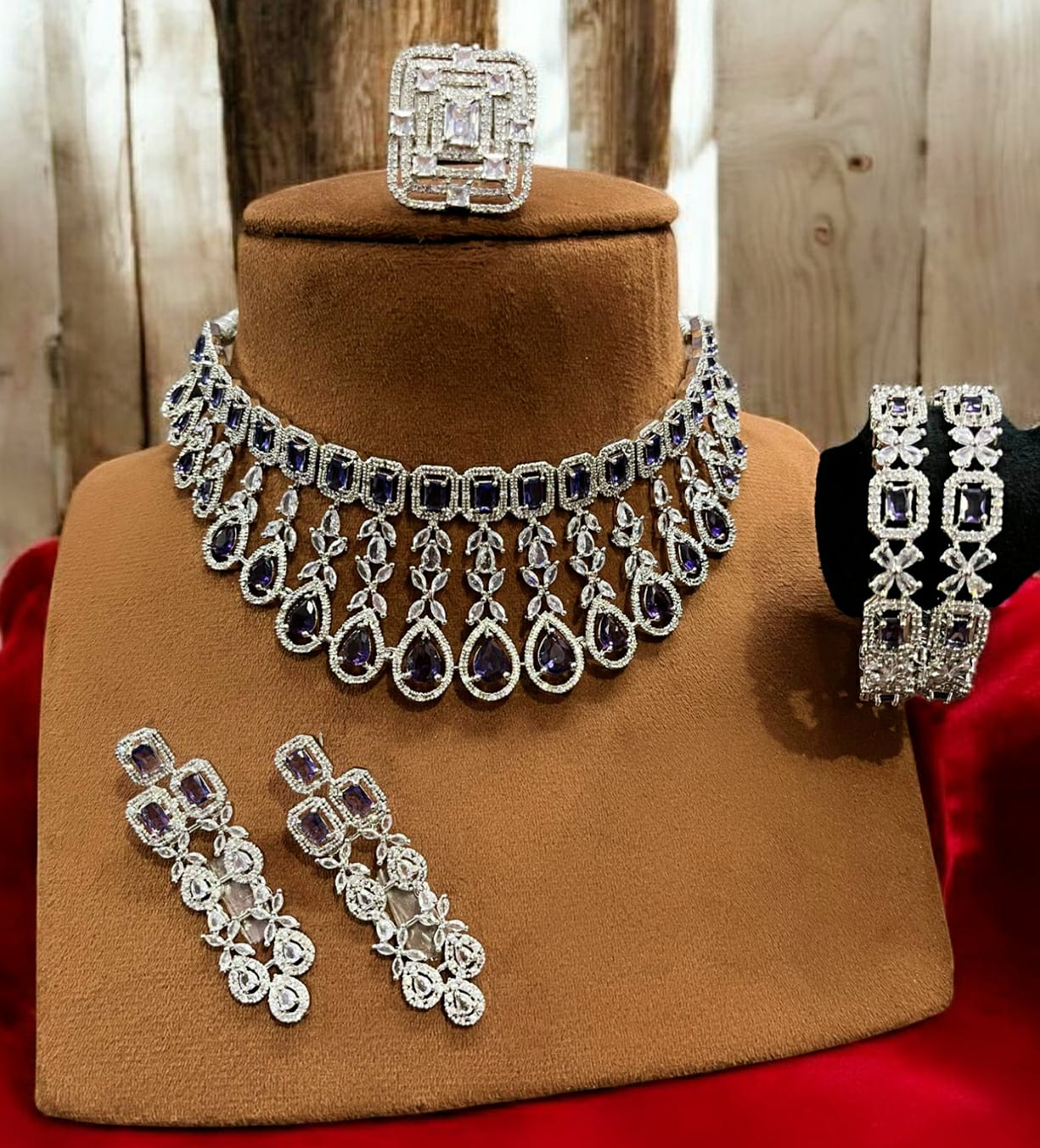 Silver American Diamond Choker Set with Purple Stones & Bangles